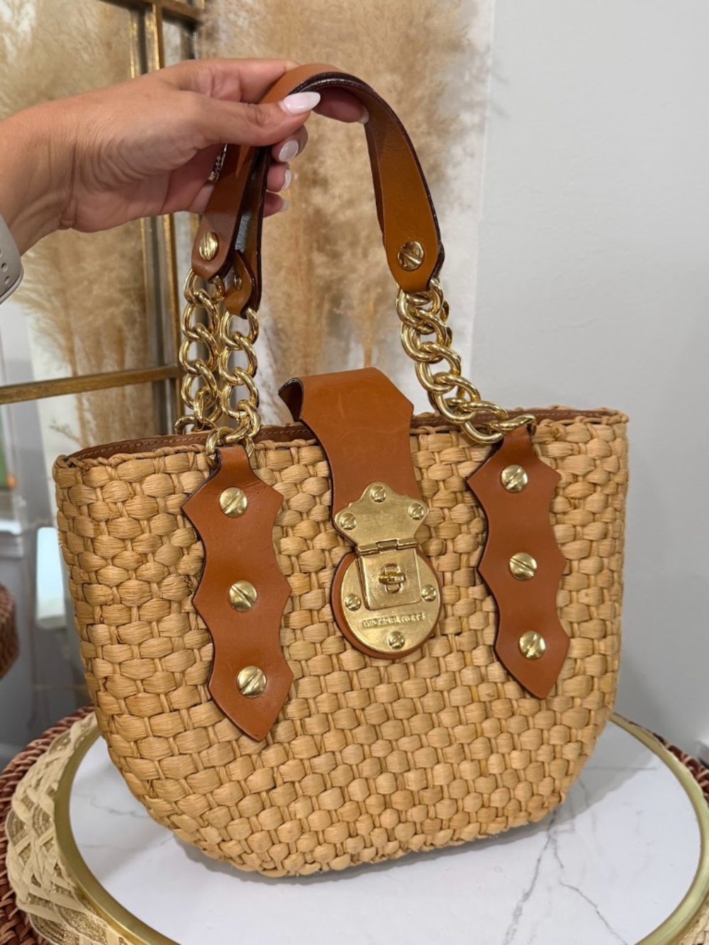 Michael Kors Santorini Woven Raffia Tote Bag with Brown Leather Trim